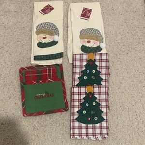 Festive Snowman and Christmas Tree Kitchen Towels and hot pad with towel